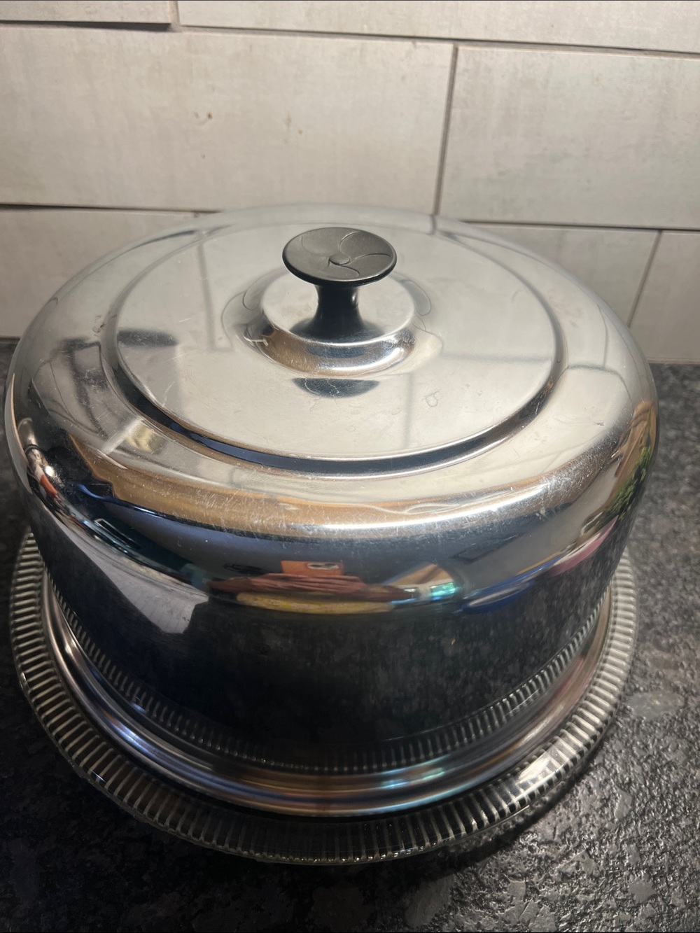 Vintage MCM Metal Covered Cake Plate with Clear Glass Base - 11” base